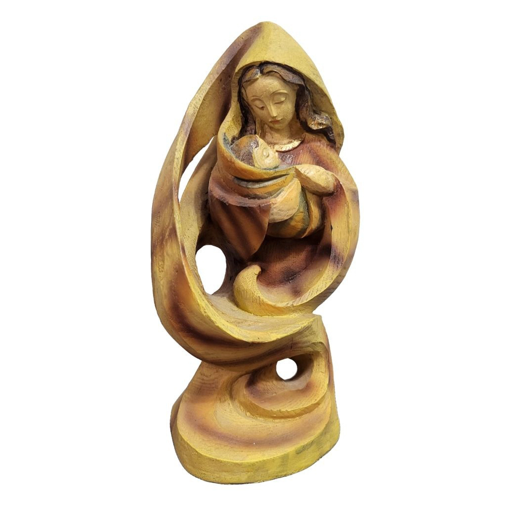 Wooden Virgin Mary Statue, Yellow and Brown